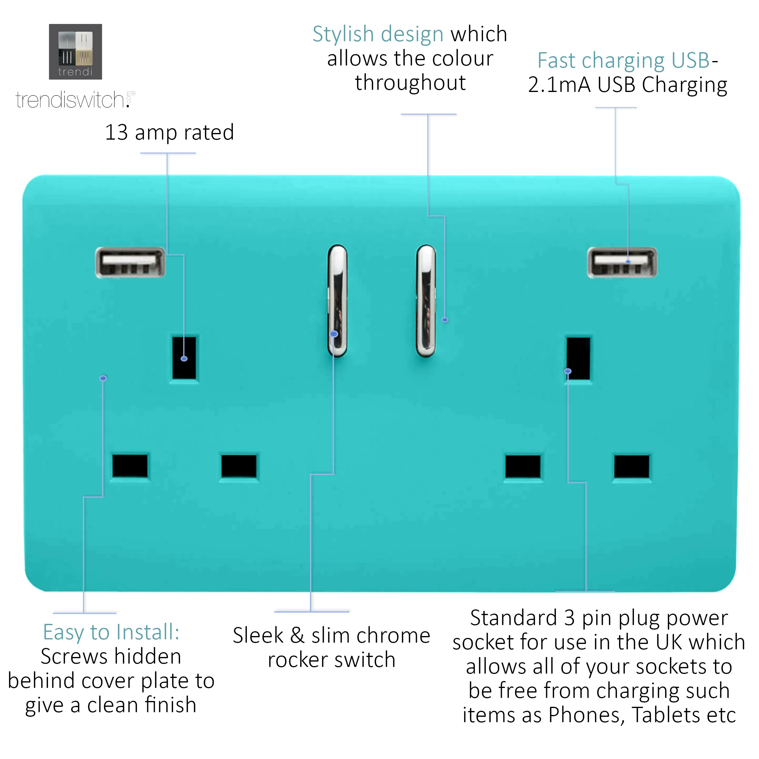 2 Gang 13Amp Short S/W Double Socket With 2x3.1Mah USB Bright Teal ART-SKT213USB31AABT  Trendi Bright Teal